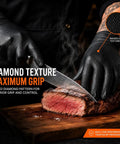 Heavy Duty 10 Mil Black Nitrile Work Gloves With Raised Diamond Grip, 1000 Count Bulk Kit, Powder Free Latex Free Food Safe on a cutting board.