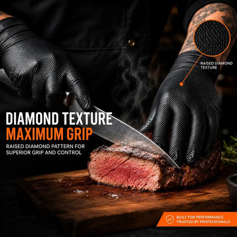 Heavy Duty 10 Mil Black Nitrile Work Gloves With Raised Diamond Grip, 1000 Count Bulk Kit, Powder Free Latex Free Food Safe on a cutting board.