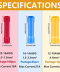 Pro Grade 200Pcs Butt Splice Connectors Kit For 22 10 AWG Wire, Insulated Crimp Terminals in red, blue, yellow sizes