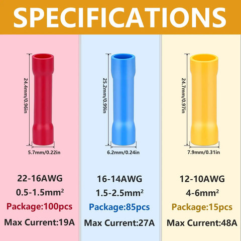 Pro Grade 200Pcs Butt Splice Connectors Kit For 22 10 AWG Wire, Insulated Crimp Terminals in red, blue, yellow sizes