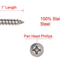 No 12 By 1 Inch Stainless Steel Pan Head Phillips Wood Screws For Sheet Metal 50 Pack showing side and top views.