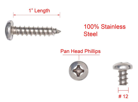 No 12 By 1 Inch Stainless Steel Pan Head Phillips Wood Screws For Sheet Metal 50 Pack showing side and top views.