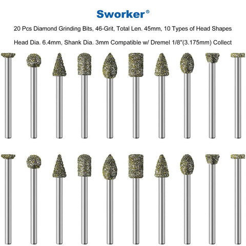 Twenty 46 Grit Diamond Grinder Bits Set For Rotary Tools With 3mm Shank Fits One Eighth Inch Collet Ten Head Shapes display