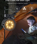 Two Pack Magnetic Clip On Fan For Golf Cart With 12000mAh Battery showing 3 light modes and clip on feature with tent background