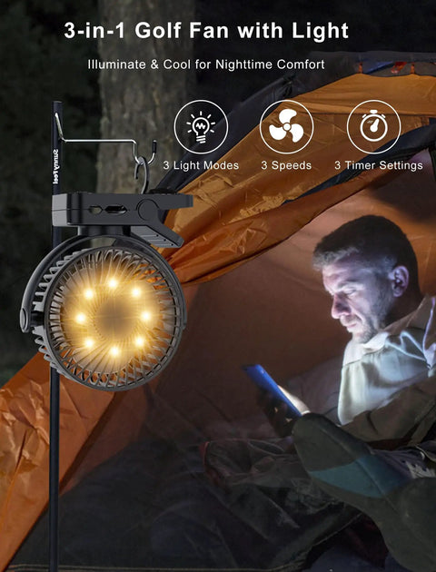 Two Pack Magnetic Clip On Fan For Golf Cart With 12000mAh Battery showing 3 light modes and clip on feature with tent background