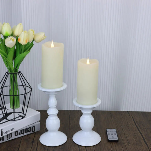 3 Pack Flickering Flameless LED Pillar Candles Battery Operated With Timer Real Wax Ivory 3D Moving Flame on stands