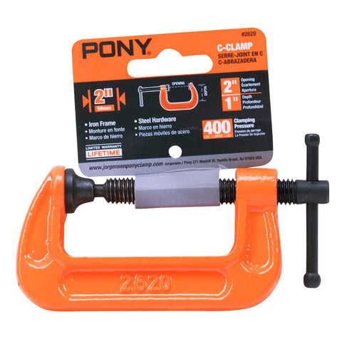 Two Inch C Clamp For Woodworking And DIY Projects, Beefy 400 Pound Load, 1 Inch Throat Depth, Rugged Steel Build, Pony Style