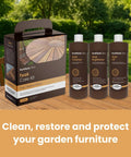 Total Patio Game Changer Teak Care Kit For Outdoor Furniture That Knocks Out Grime While Cleaning Brightening Treated Wood With Cleaner Brightener Oil Set, includes three 17 oz bottles.