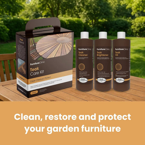 Total Patio Game Changer Teak Care Kit For Outdoor Furniture That Knocks Out Grime While Cleaning Brightening Treated Wood With Cleaner Brightener Oil Set, includes three 17 oz bottles.