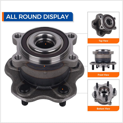 Rear Wheel Hub And Bearing Assembly For JX35 2013 QX60 2014 2020 Altima 2019 2023 Murano 2015 2023 Pathfinder 2013 2020 With ABS Top Notch Wheel Hub Bearing Replacement shown in top, front, and bottom views.