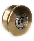 Heavy Duty Four Inch V Groove Gate Rollers With Double Bearings Rated For Three Thousand Pounds on a white background.