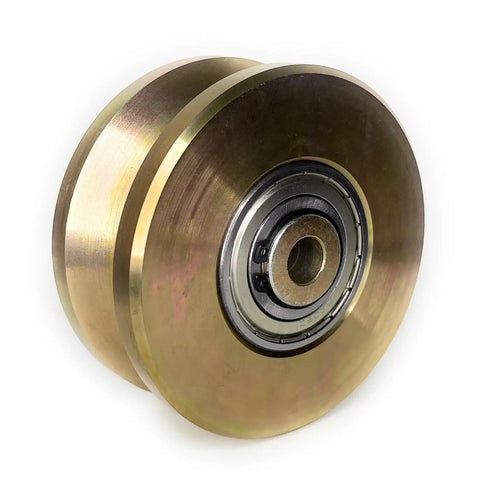 Heavy Duty Four Inch V Groove Gate Rollers With Double Bearings Rated For Three Thousand Pounds on a white background.