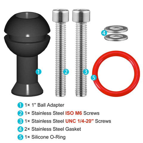 Image of One Inch Ball Head Adapter With M6 And One Quarter Inch Threaded Studs Aluminum Alloy Rock Solid Fixed Ballhead Mount components