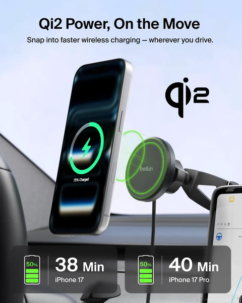 Qi2 15W Magnetic Wireless Car Charger For Tesla Dash Mount with smartphone showing charging status.