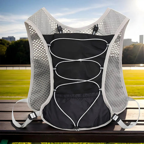 Hydration Running Vest With 5L Capacity, Reflective Water Backpack with mesh design on park bench