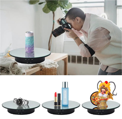 Qinmay 360 Degree Rotating Display Stand With Remote Control and Five PVC Backgrounds for ECommerce Product Photography Shoots, showcasing camera setup.
