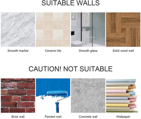 Suitable walls for Adhesive Hooks 4 Pack Towel And Coat Hooks include marble, ceramic tile, glass, wood; not suitable for brick, painted, concrete, wallpaper