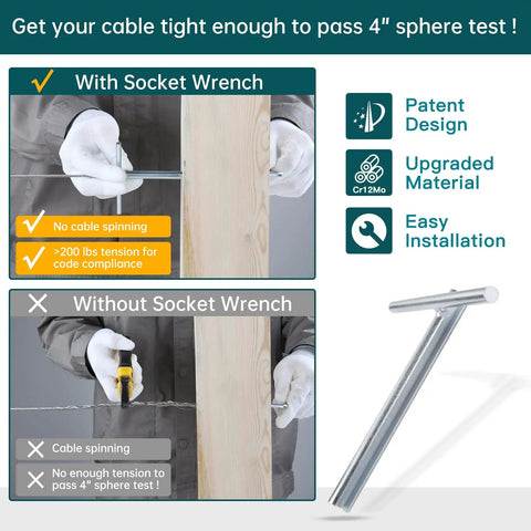 Upgraded Custom Socket Wrench For One Eighth Inch Invisible Cable Railing Kit Hardware Hidden Tensioner On Wood And Metal Posts For Cable Railing System CT16 with comparison illustration tool used on wooden post.