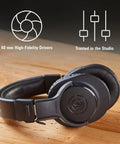 M20x Professional Studio Headphones For Mixing And Monitoring, Lightweight Circumaural Over Ear Design rests on wood surface