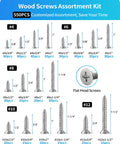 Top Shelf 304 Stainless Steel Wood Screws Assortment Kit With Phillips Flat Heads And Self Tapping Design Made For Fixin Up Patios Or Garages Comes Rigged With 550 Pieces Sizes 4 Through 12 display of various screw sizes including flat head and robust stainless steel design.