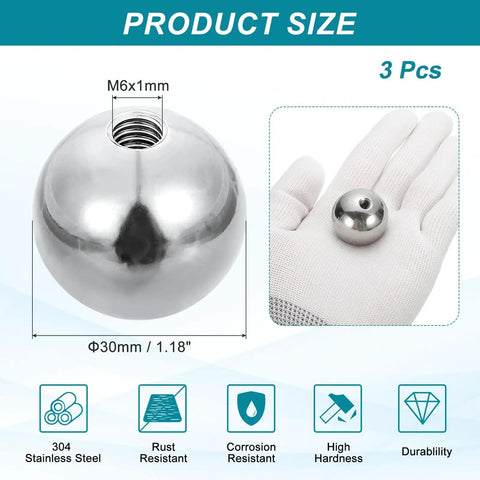 3 Pack M6 X 1mm Ball Knob Nuts With 30mm Outer Diameter, 304 Stainless Steel Round Screw Cap Covers For Light Fixtures And Machinery Hardware, Rust Resistant, Durable, Easy Fit, Silver Finish, shown with M6x1mm and 30mm size