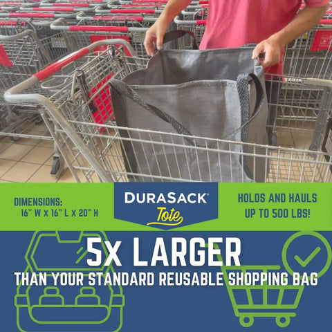 Man holding Built Tough Heavy Duty Storage Tote Bag 22 Gallon Rugged Woven Polypropylene Moving Bag next to shopping cart