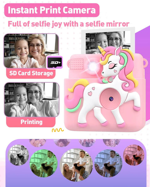 Kids Instant Print Camera Awesome Toy, 1080P HD Digital Camera For Girls Ages 3-8, 8MP Photos And Instant Black And White Prints, Easy Beginner Camera For Creative Play And School Projects, unicorn pink