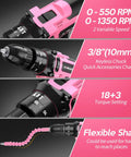 Close-up view of pink 20V Cordless Drill Kit with Battery Charger and Carrying Case, showing 3/8 inch keyless chuck and flexible shaft
