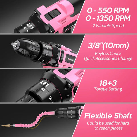 Close-up view of pink 20V Cordless Drill Kit with Battery Charger and Carrying Case, showing 3/8 inch keyless chuck and flexible shaft