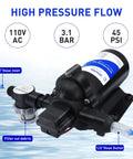 Heavy Duty Self Priming Water Booster Pump Built Tough To Crush Low Pressure With Smooth Auto Switch For Kitchen Garden Home Or Yacht At 110V AC And 4 GPM Flow, showing hose inlet and outlet.
