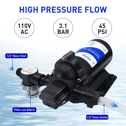 Heavy Duty Self Priming Water Booster Pump Built Tough To Crush Low Pressure With Smooth Auto Switch For Kitchen Garden Home Or Yacht At 110V AC And 4 GPM Flow, showing hose inlet and outlet.