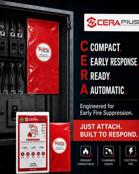 Automatic Fire Extinguisher Sticker Pad Detects Quick Heat Spikes To Snuff Out Electrical Fires Immediately Guarding Computers And Wiring Uses Non Toxic Formula And Simple Peel Stick Install Drop Heavy Cans displayed in a cabinet with electrical components.