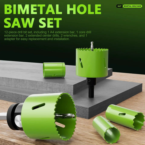 19-Piece Bi-Metal Hole Saw Kit With Quick Change Arbors For Easy Hole Cutting in green on wood and metal surfaces