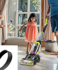 Replacement Vacuum Belt For PowerForce PowerBrush Pet And TurboClean, shown with vacuum cleaner and child cleaning floors
