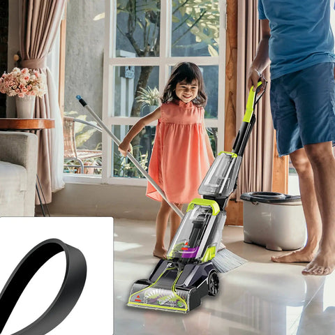 Replacement Vacuum Belt For PowerForce PowerBrush Pet And TurboClean, shown with vacuum cleaner and child cleaning floors