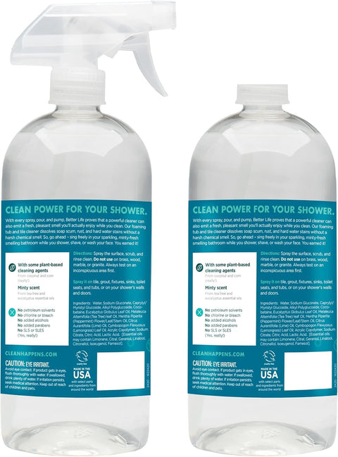 Back labels of Tea Tree Bathroom Cleaner Spray For Glass And Tile, Foaming Mold And Mildew Remover For Tub And Shower, 32oz Pack Of 2.