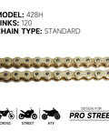428H Motorcycle Chain 120 Links Non O Ring With Connecting Master Link And Chain Breaker Heavy Duty Drive Chain For Motorcycle Bicycle Go Kart Mini Trail Bike, close-up of chain links