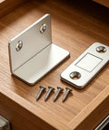 Ultra Thin Self Adhesive Magnetic Door Catch Set 2 Pieces No Drill Wardrobe Latch for cabinets, shown with screws, silver color