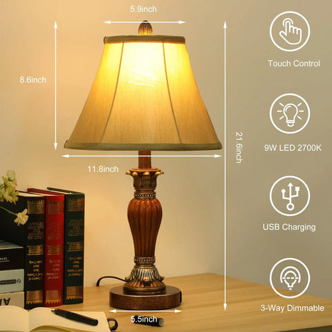 Two Pack Touch Bedside Lamps With USB A And USB C Ports, 3 Way Dimmable Nightstand Lights With Bulbs Included setup display
