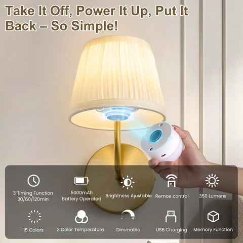 Top Tier Battery Operated Wall Sconces With Wrinkle Free Fabric Shade And Handy Remote Control For Chill Ambient Bedroom Lighting Modern Room Upgrade Set with remote in hand and dimming feature.