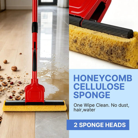 Commercial Sponge Mop With Stainless Steel Extendable Handle And Two Compressed Cellulose Heads For Heavy Duty Home And Business Cleaning designed to tackle grime on hardwood.