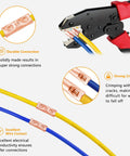 10 Packs 4 Gauge Butt Connectors Kit With Pure Copper Barrels used to crimp yellow and blue wires, shown with red crimping tool.