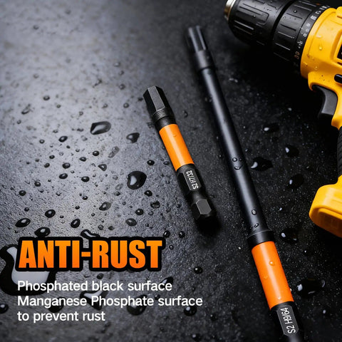 Impact Driver Hex Bit Set 41 Piece 2 Inch And 4 Inch Long, visible anti-rust feature on a wet surface with drill nearby.