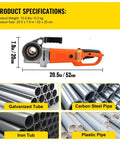 Handheld Electric Pipe Threader 2300W 110V Copper Motor Built To Rock With Carbon Steel Die Heads, shows size and materials.