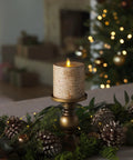 Birch Bark Wrapped Flameless LED Candle With Moving Flame, Battery Operated 3.5 By 4.5 Inch Pillar Light on stand, holiday decor