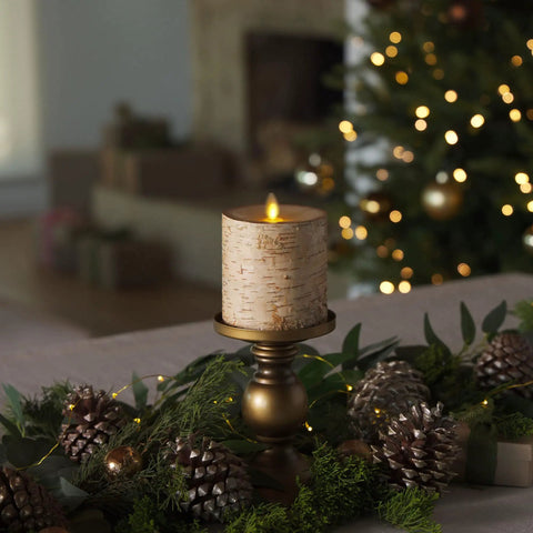 Birch Bark Wrapped Flameless Pillar Candle With Real Moving Flame LED on stand, holiday decor, 3.25 by 4.5 inches
