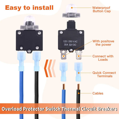 DC Push Button Reset Circuit Breaker Kit 30 Piece Assortment With Waterproof Button Caps And Quick Connect Terminals details.