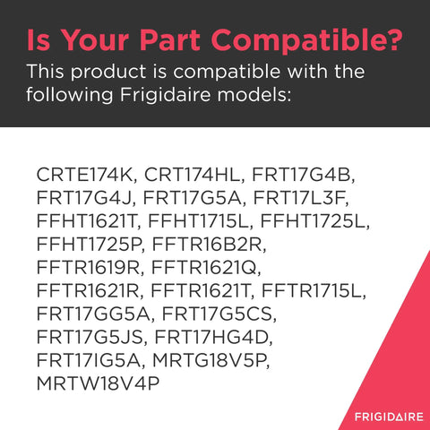 Compatibility chart for Door Shelf Retainer Bar for Refrigerators White Replacement Part 240383801 with Frigidaire models listed.