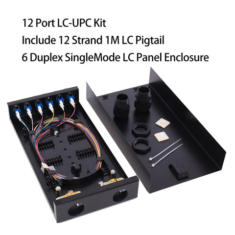 Six Port Wall Mount Fiber Enclosure Kit With Spool For Singlemode OS1 Includes One Meter Twelve Strand UPC Pigtail, black metal box