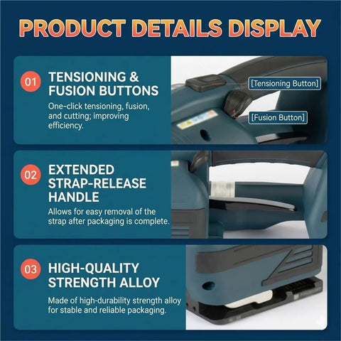 Electric Strapping Machine For PP PET Straps Automatic Steel Tie Gun Tensioner Wielder showing tensioning and fusion buttons.